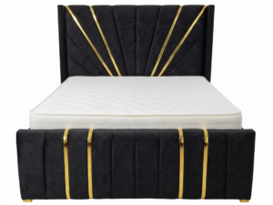 Modern Upholstered Queen Size Bed Frame with Padded Headboard Black with Gold Accents