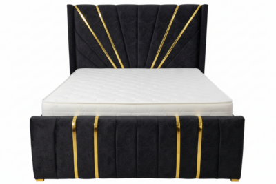 Modern Upholstered Queen Size Bed Frame with Padded Headboard Black with Gold Accents