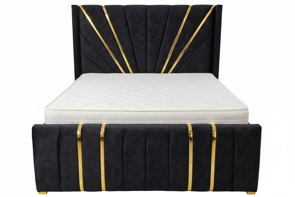 Modern Upholstered Queen Size Bed Frame with Padded Headboard Black with Gold Accents