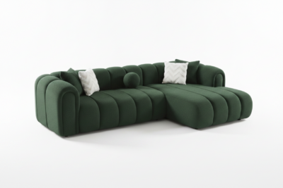 Dark Green Bouclé Channel-Tufted L-Shaped Sofa
