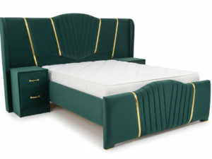 Green Upholstered Queen Size Bed with Gold Accents – Modern Luxury Bed Frame