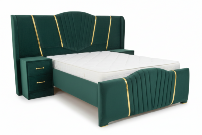 Green Upholstered Queen Size Bed with Gold Accents – Modern Luxury Bed Frame