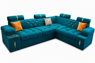 Luxurious Lshape headrest sofa with cup holders - Torques Blue