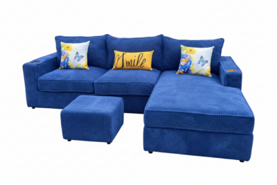 Royal Blue L-Shaped Sectional Sofa with Chaise and Ottoman