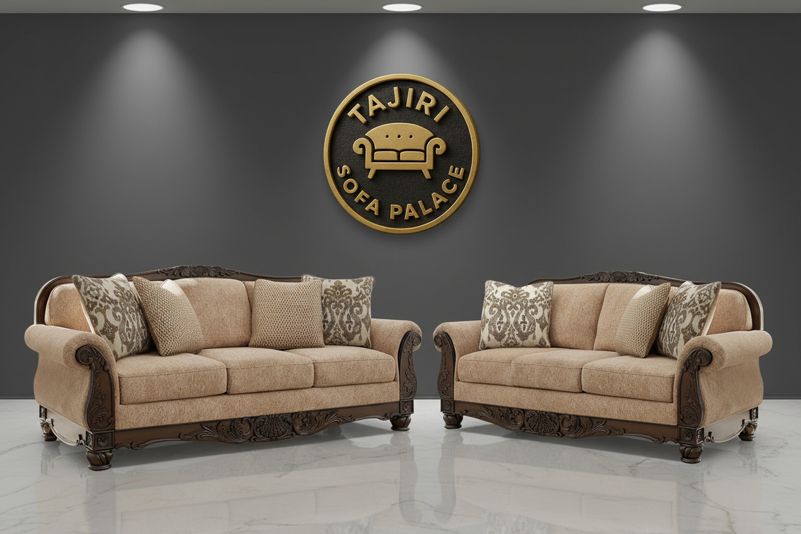 Classic 3-2 Sofa Set with Carved Wooden Detailing