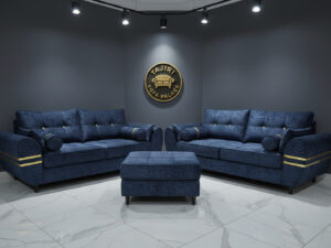 Five seater sofa blue with gold accents