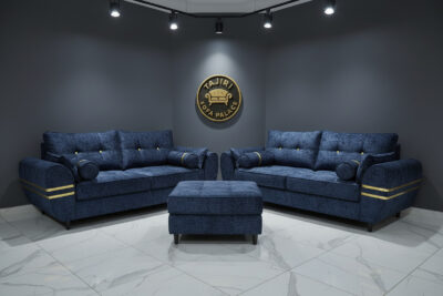 Five seater sofa blue with gold accents