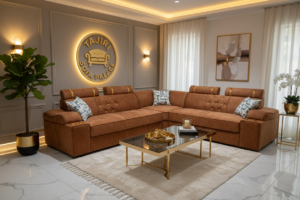 Lshape brown chrome sofa with cup holders