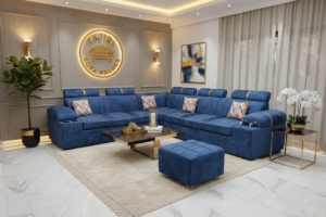 Lshape blue chrome sofa with cup holders