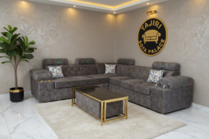 Lshape dark grey chrome sofa with cup holders