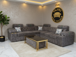 Lshape dark grey chrome sofa with cup holders