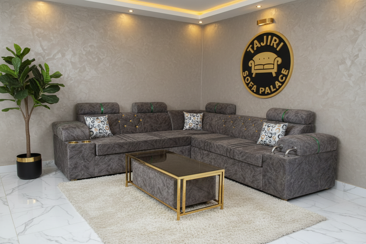 Lshape dark grey chrome sofa with cup holders