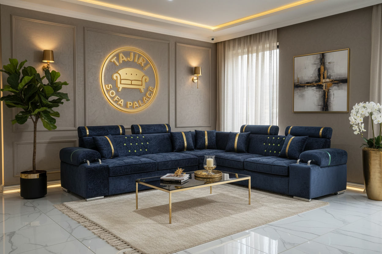 Lshape Black Sofa with cup holders and chrome
