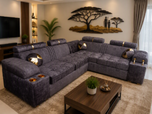 Luxurious Lshape Sofa with Cup Holders Brown