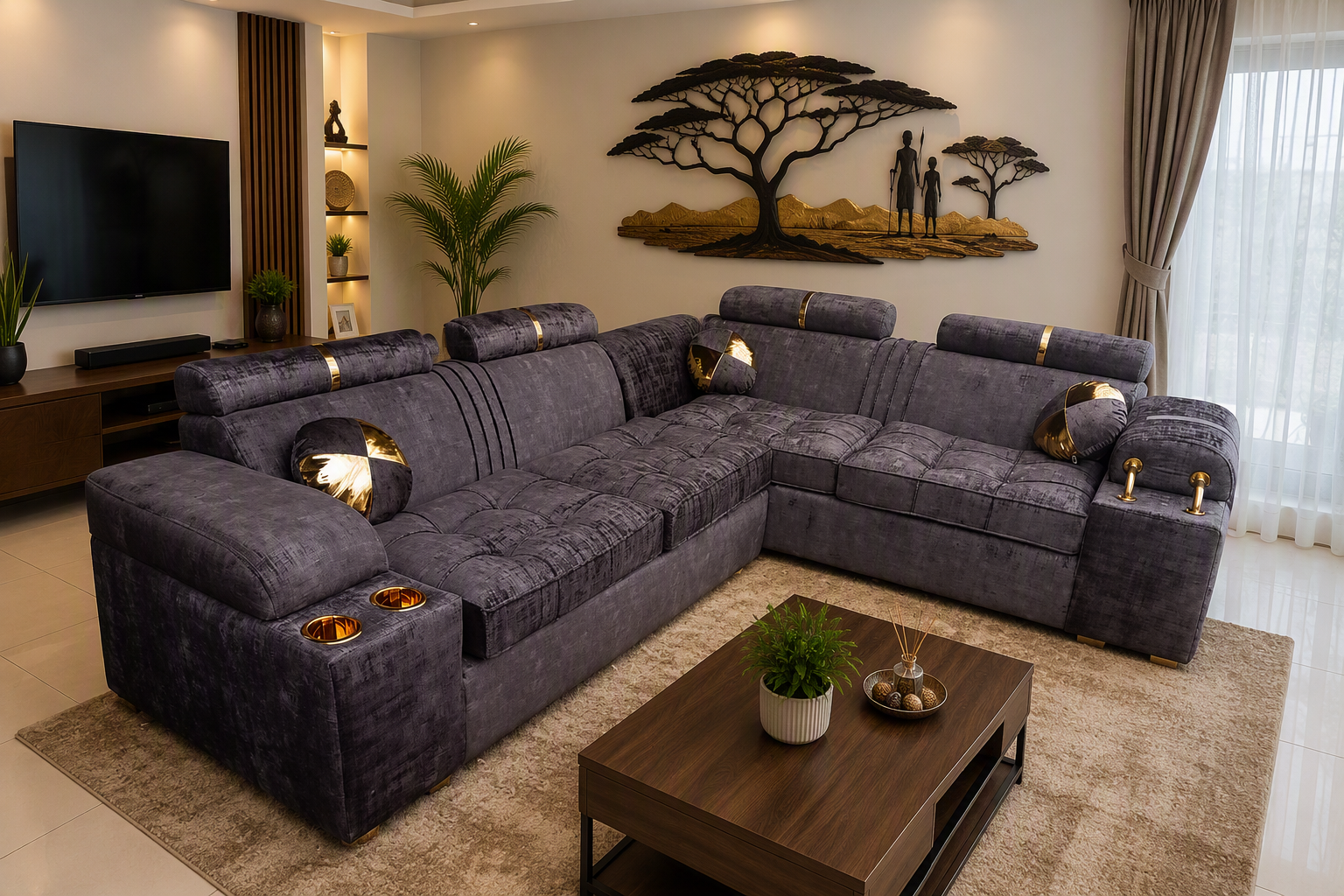 Luxurious Lshape Sofa with Cup Holders Brown