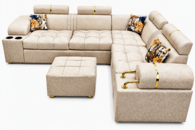 Luxurious Lshape headrest sofa with cup holders - Beige