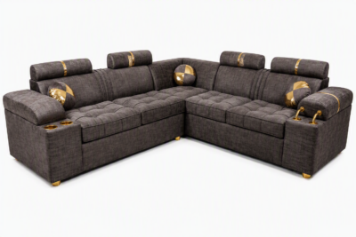 Luxurious Lshape headrest sofa with cup holders - Brown